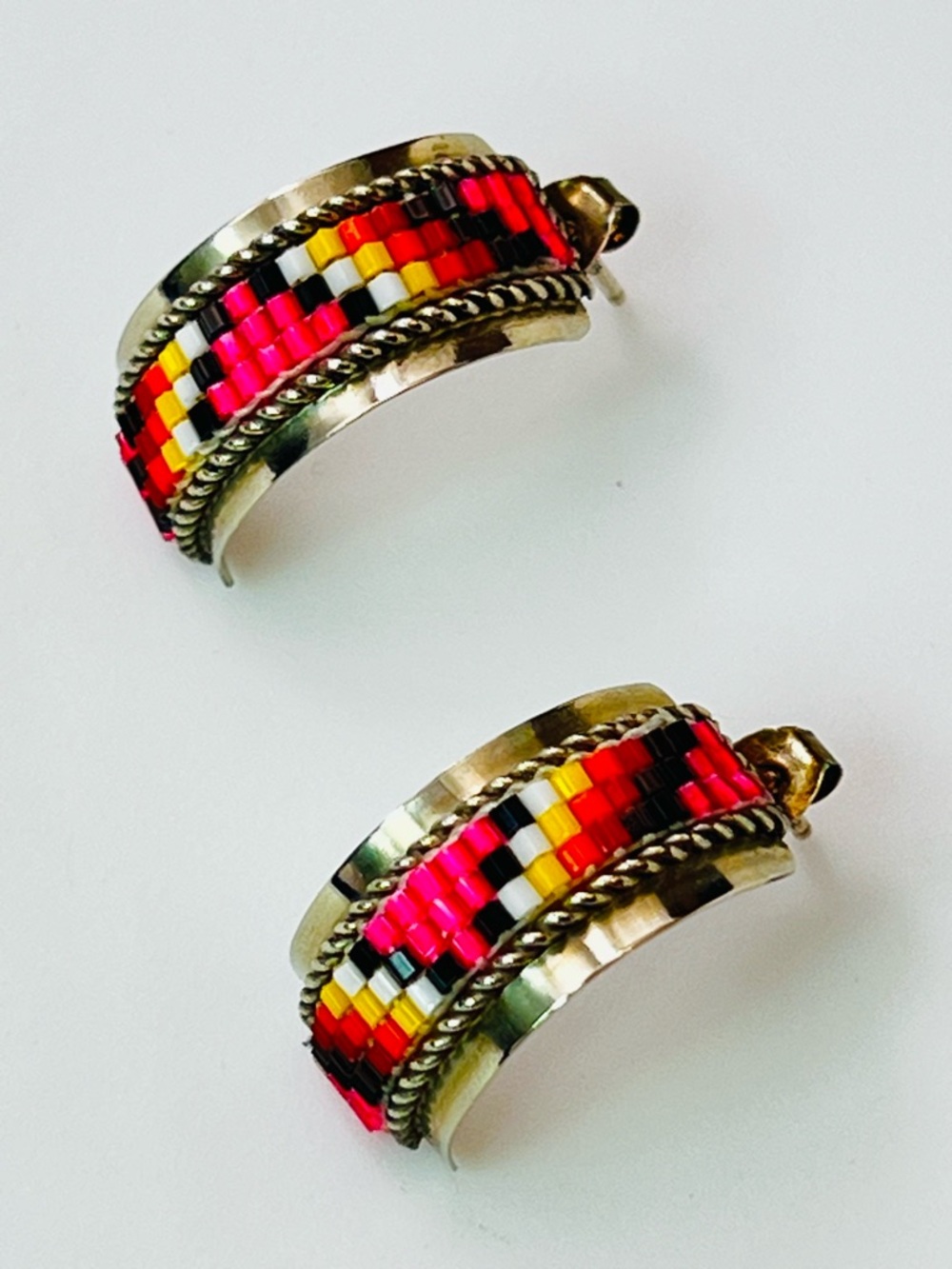 Navajo Sterling Silver Beaded Half Hoop Earrings | Native American Artisan | 1”